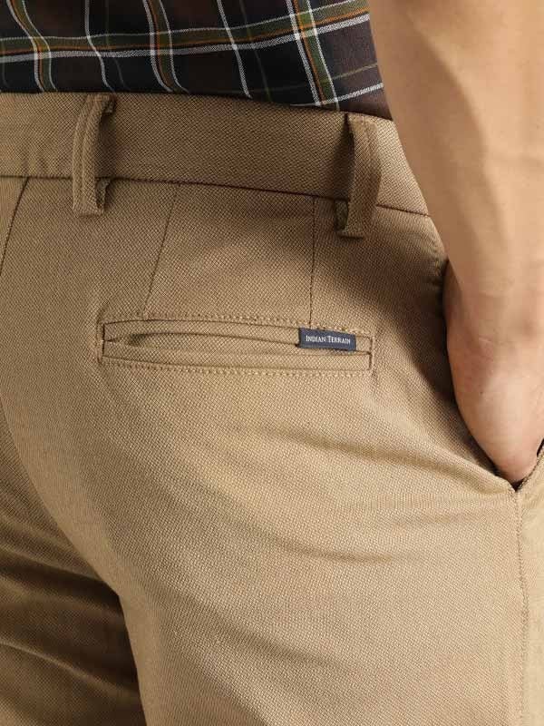 Indian Terrain Men's Regular Fit Solid Khaki Trousers